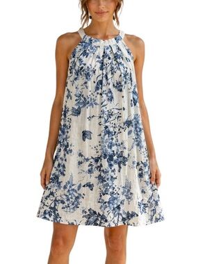 Bellambra Made In Italy Linen Halter Dress XS Blue White Floral Toile Print